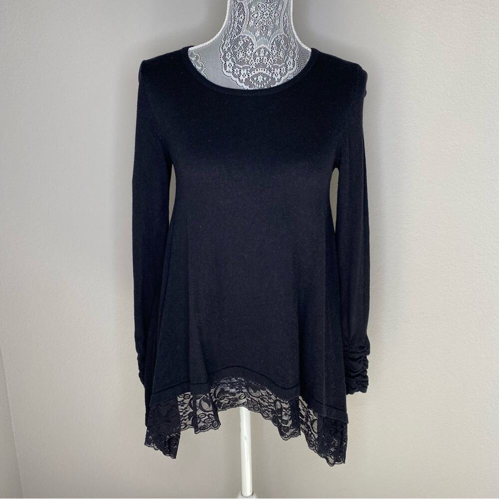 ALFANI Women Wool Blend Lace Trim Asymmetrical Hem Gathered Sleeve Swing Sweater